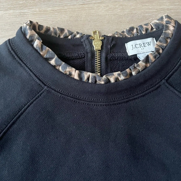 J. Crew Cheetah Print Woven Ruffle neck Pullover Black Sweatshirt Size Small - Picture 3 of 8
